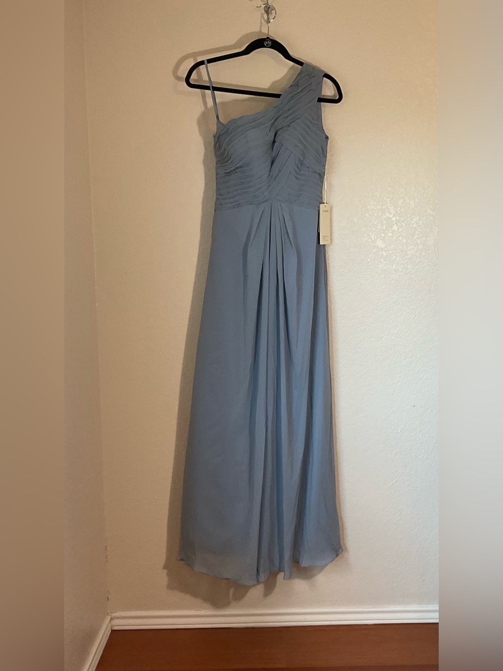 NWT STACEES Dusty Blue One-Shoulder chiffon Bridesmaid Formal Maxi Dress US 4